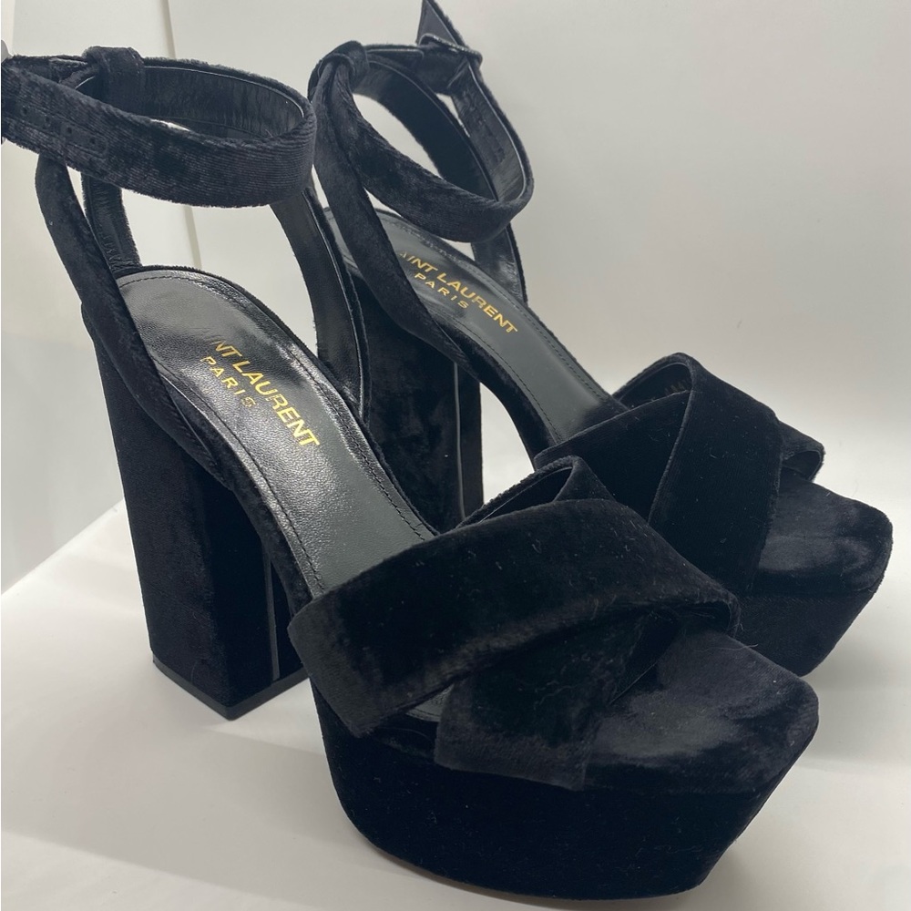 Saint Laurent Black Velvet Farrah 80 Platform Criss Cross Sandals sz 5 preloved